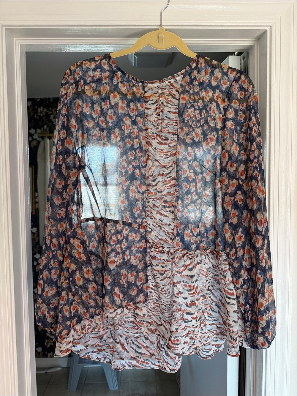 LOGO by Lori Goldstein Navy Sheer Mixed Floral & Abstract Panel Blouse